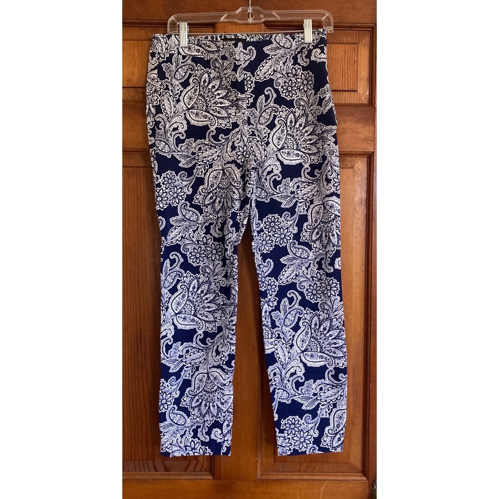 Talbots Women 6P Navy White Paisley Chatham Ankle Slim Side Zip Pants Nautical